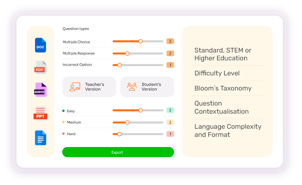 Question types and export options interface